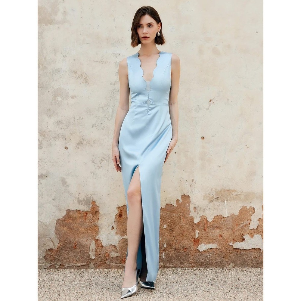 Commense Light Blue Sleeveless Formal Dress Scalloped V Neck Slit Occasion XS - Picture 7 of 17